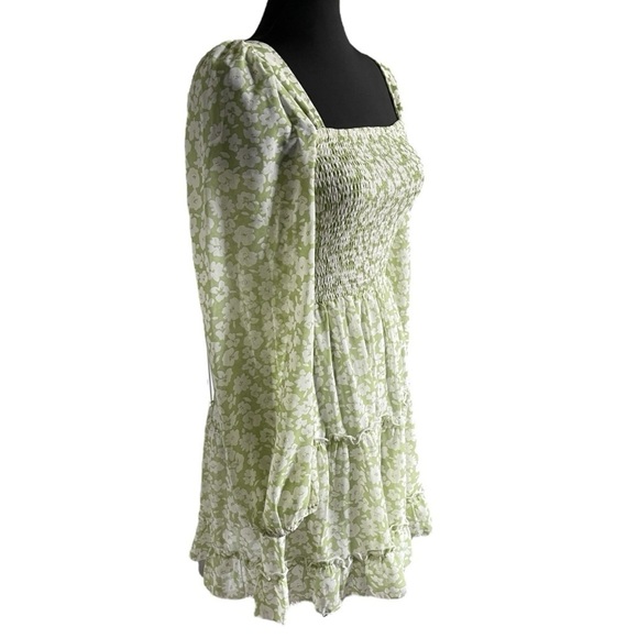 Lulus Green Floral Smocked Mini Dress | Long Sleeve Tiered | Size Small | NWT - Picture 4 of 10
